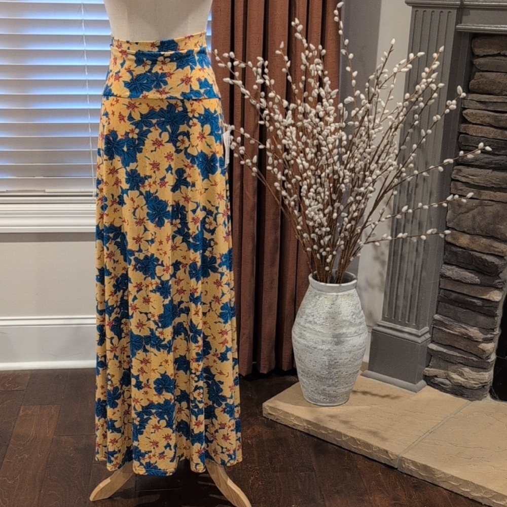 LuLaRoe Yellow Maxi Skirt with Blue Floral Print